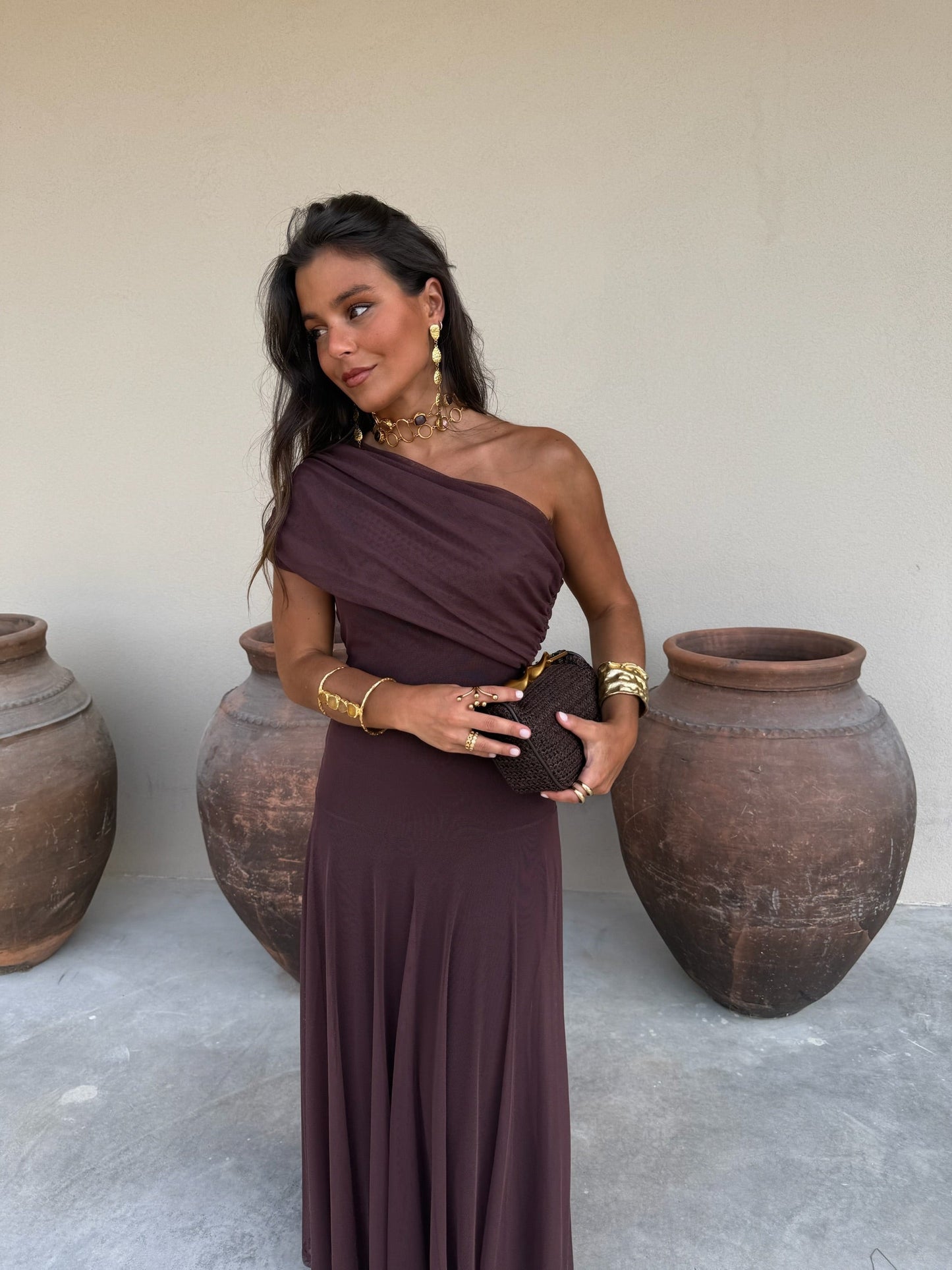 MESH MAXI DRESS BROWN