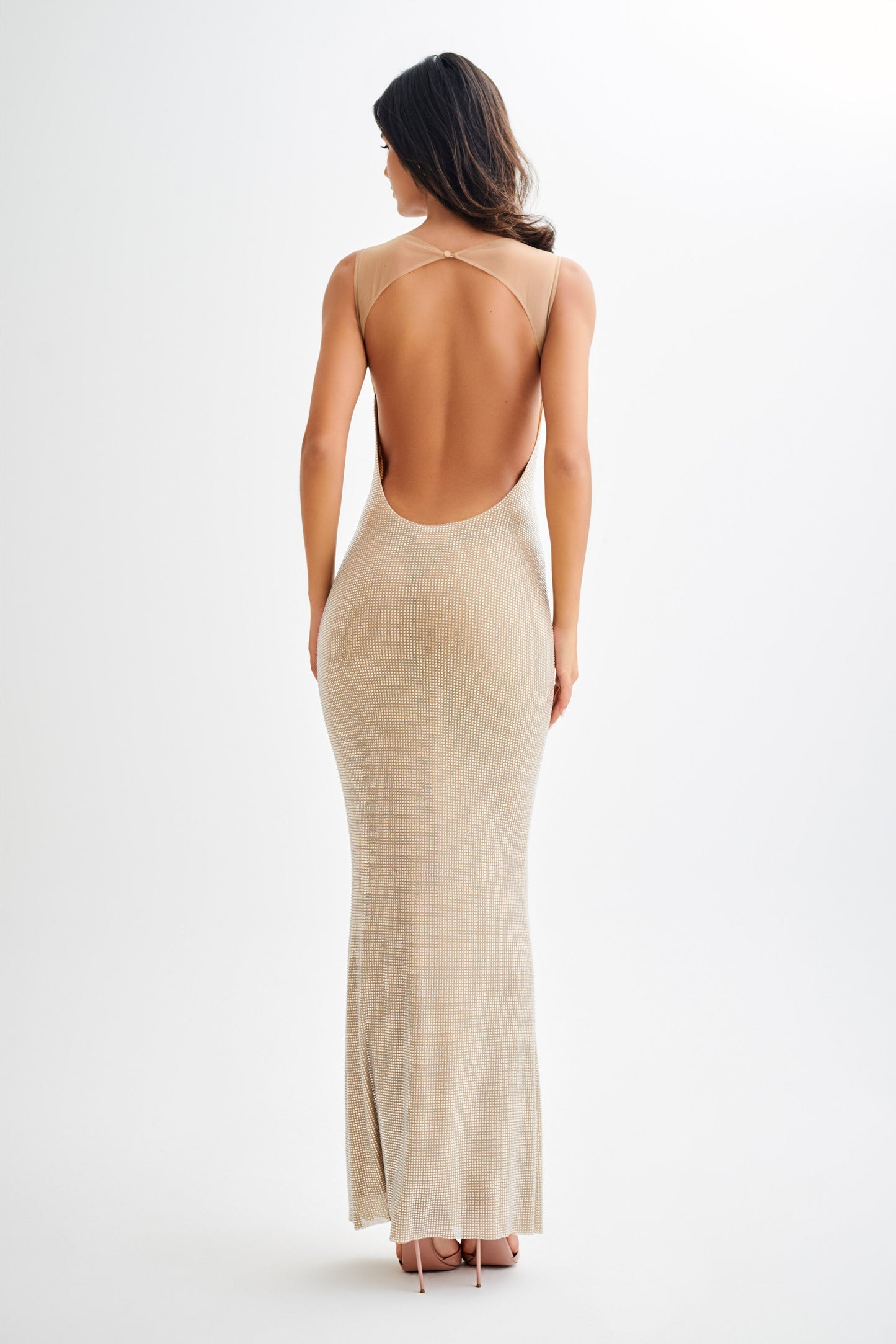 Crystal Mesh Backless Maxi Dress