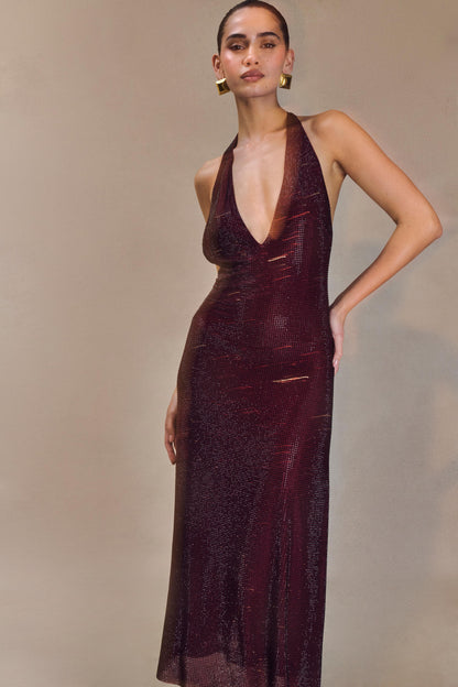 Sequin Halter Backless Midi Dress