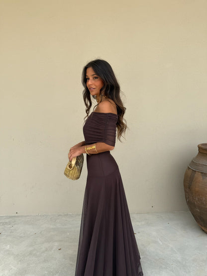 MESH MAXI DRESS BROWN