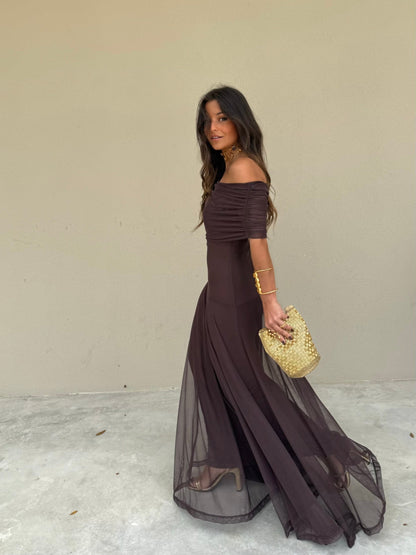 MESH MAXI DRESS BROWN