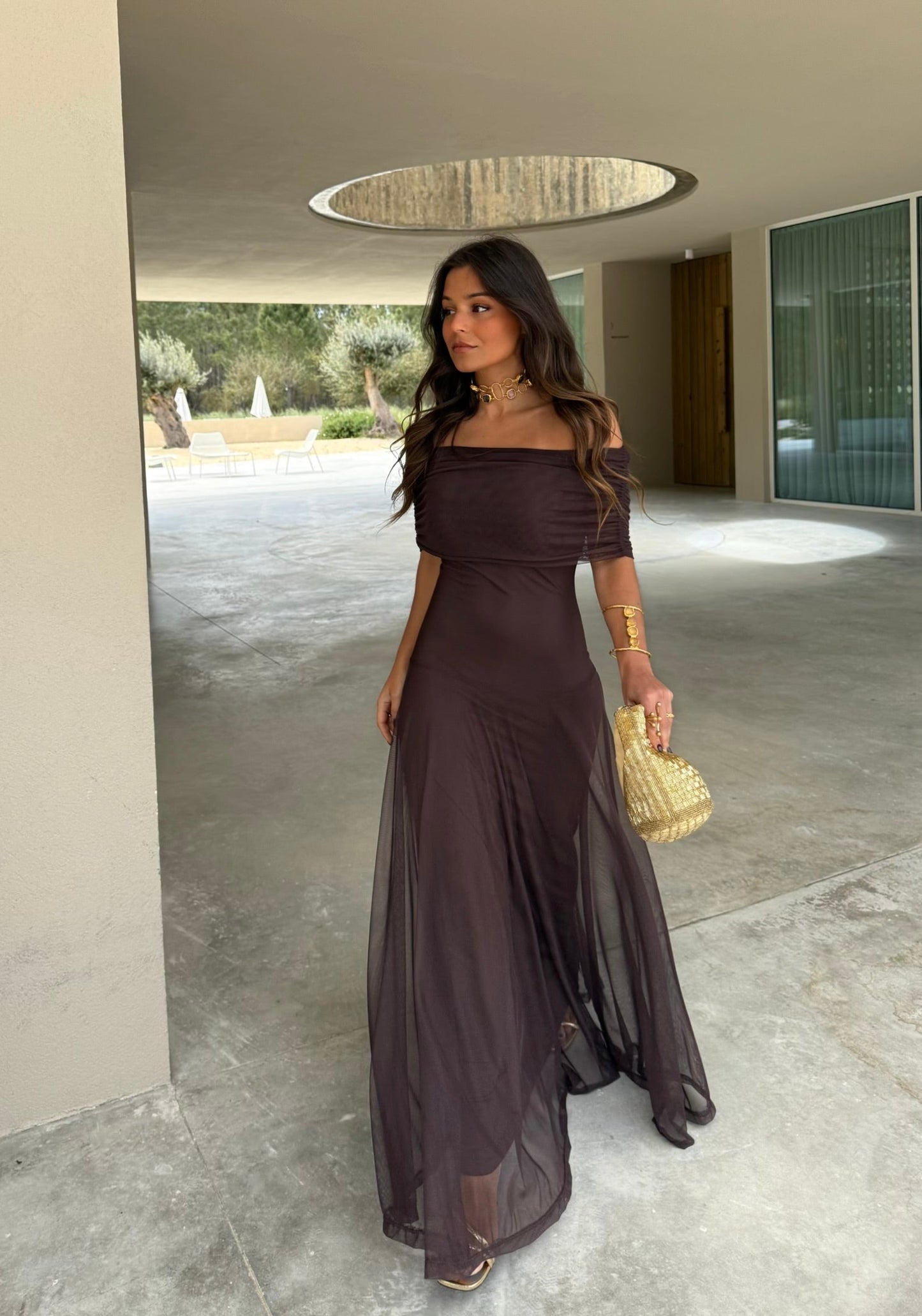 MESH MAXI DRESS BROWN