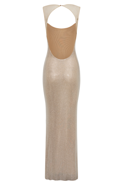 Crystal Mesh Backless Maxi Dress