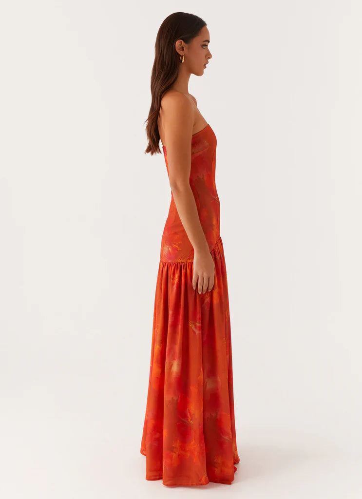 Red Floral Strapless Maxi Dress