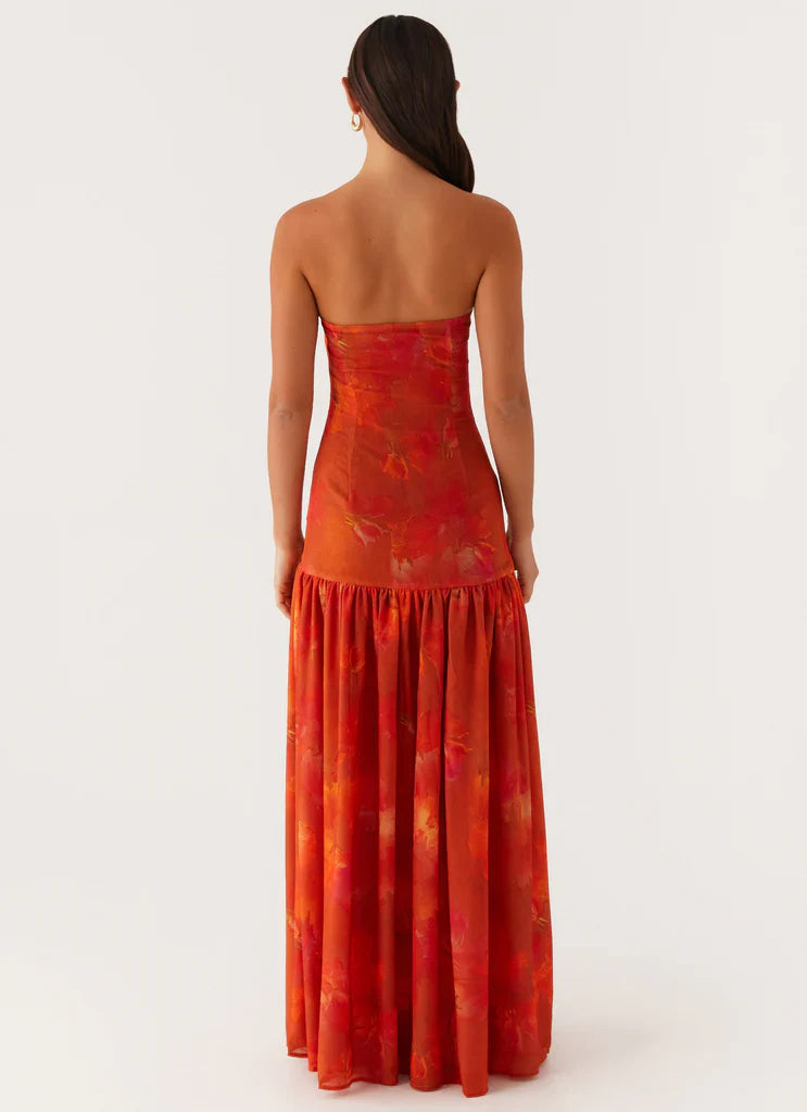 Red Floral Strapless Maxi Dress