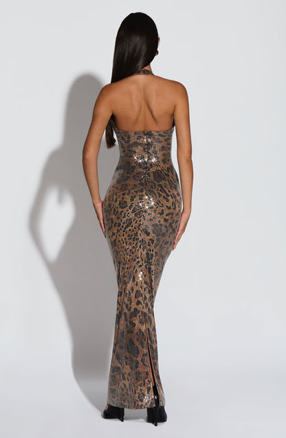 Sequin Leopard Halter Maxi Dress